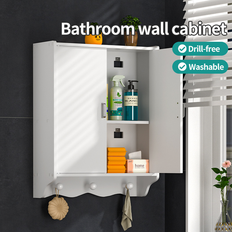 Cross-border exclusive no-drill bathroom wall-mounted storage cabinet, double-door hanging cabinet with hooks, wall storage cabinet Cross-border exclusive no-drill bathroom wall-mounted storage cabinet, double-door hanging cabinet with hooks, wall storage cabinet