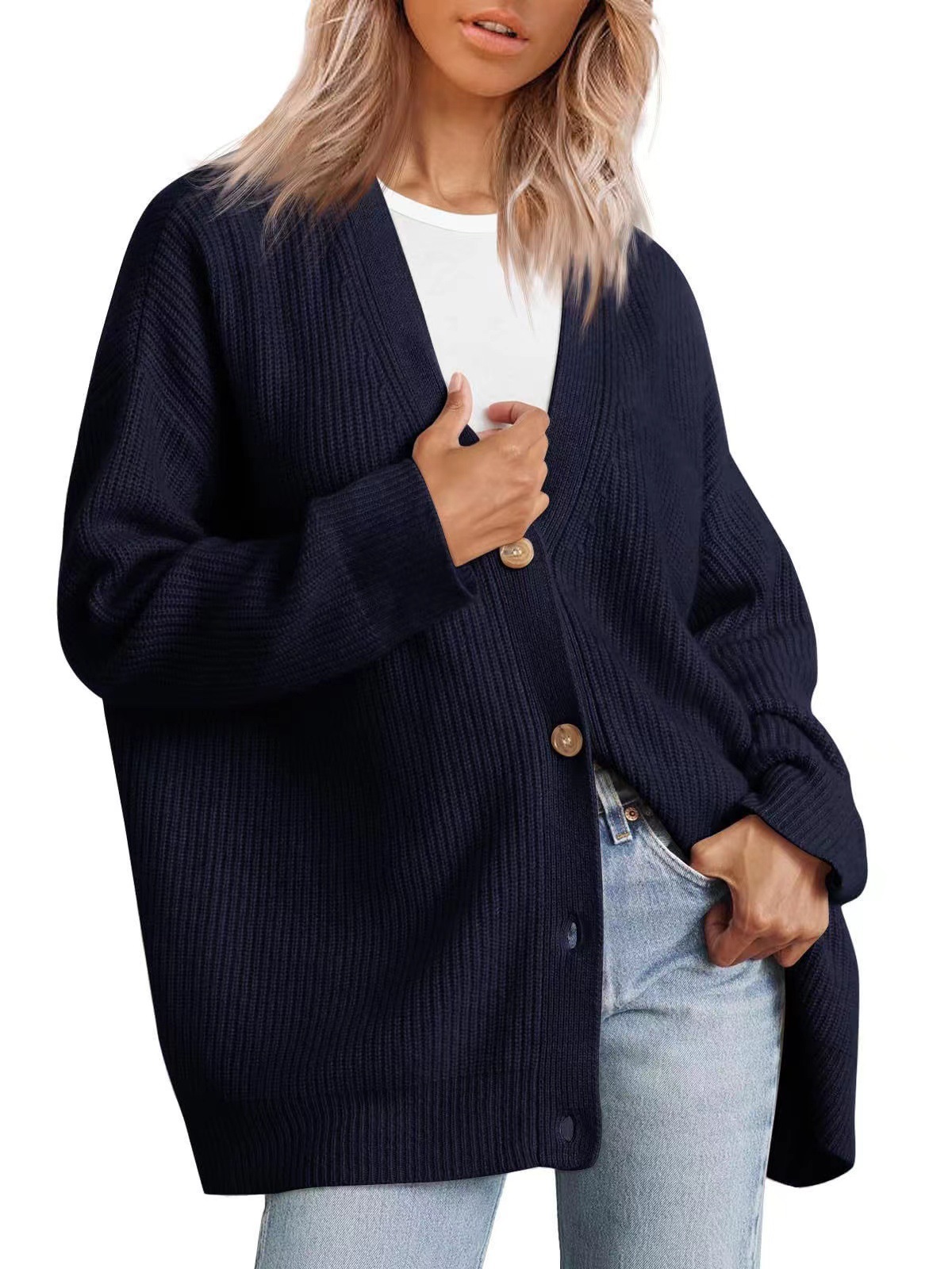 Damen V-ausschnitt Strickjacke Slim Fit Eleganter Pullover_voghion.com