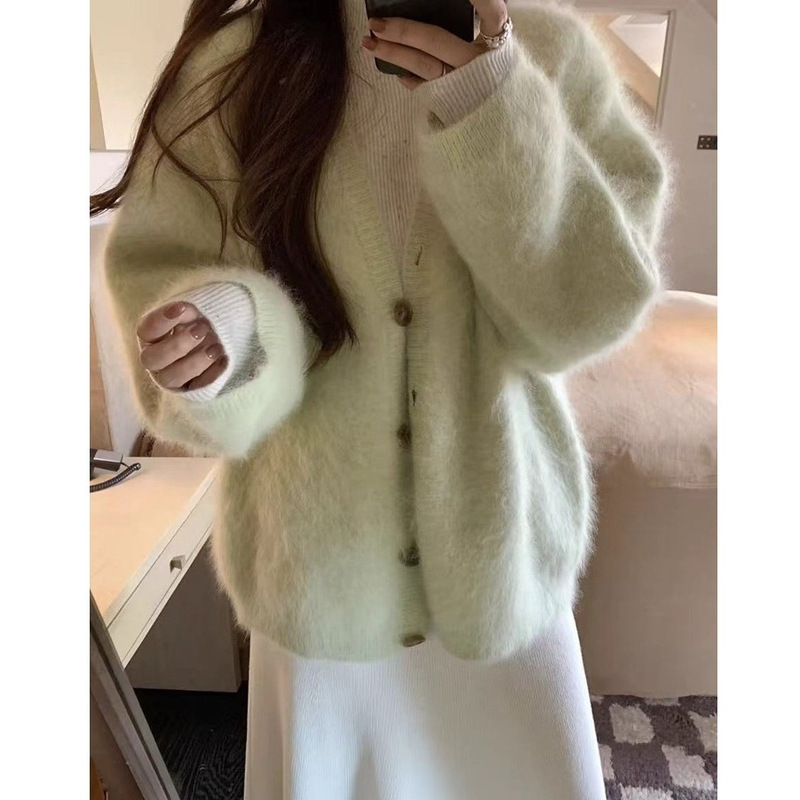 Korean Soft and Waxy Green Imitation Mink Velvet Knitted Cardigan Autumn and Winter High-End Loose Thickeneded Lazy Style Sweater Jacket