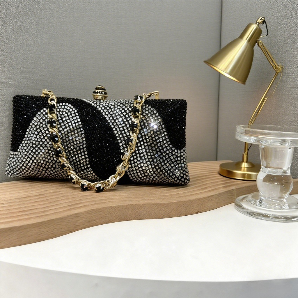 Cross-border nuevo bolso de cena de damas brillante con diamantes llenos bolso de mano cuadrado de estilo horizontal de banquete de lujo ligero bolso de cena de alta calidad