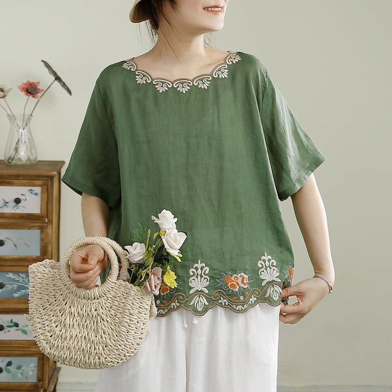 Exquisitely Embroidered Mid-Sleeve Short-Sleeved Cotton and Linen Tops for Summer New Mothers' Wear Loose Casual Elegant T-Shirts for Women