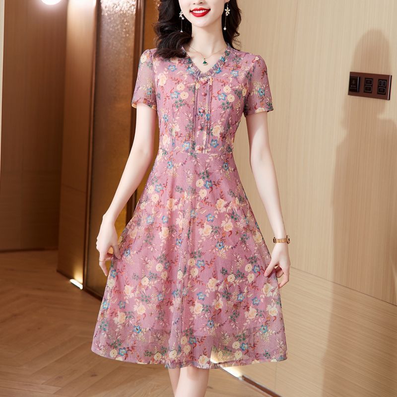 新网纱印花连衣裙女短袖2025夏季大码中长裙修身显瘦妈妈装厂直供|undefined