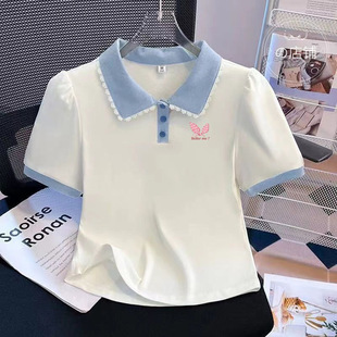 Trendy Girls' 2025 Summer New Sweet Fashion Lace Splicing Doll Collar Slim Fit Polo Short Sleeve T-Shirt