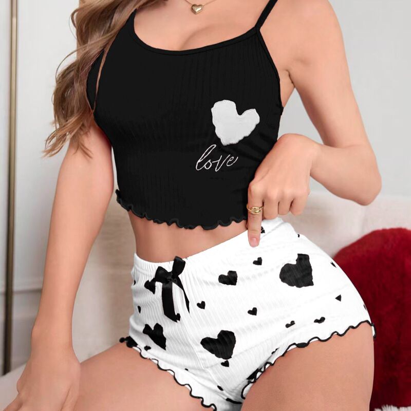European and American Style Home Wear for Women, Heart-Shaped Print Pajamas, Summer Camisole Top and Shorts, Women's Sleepwear, Cross-Border Trade European and American Style Home Wear for Women, Heart-Shaped Print Pajamas, Summer Camisole Top and Shorts, Women's Sleepwear, Cross-Border Trade