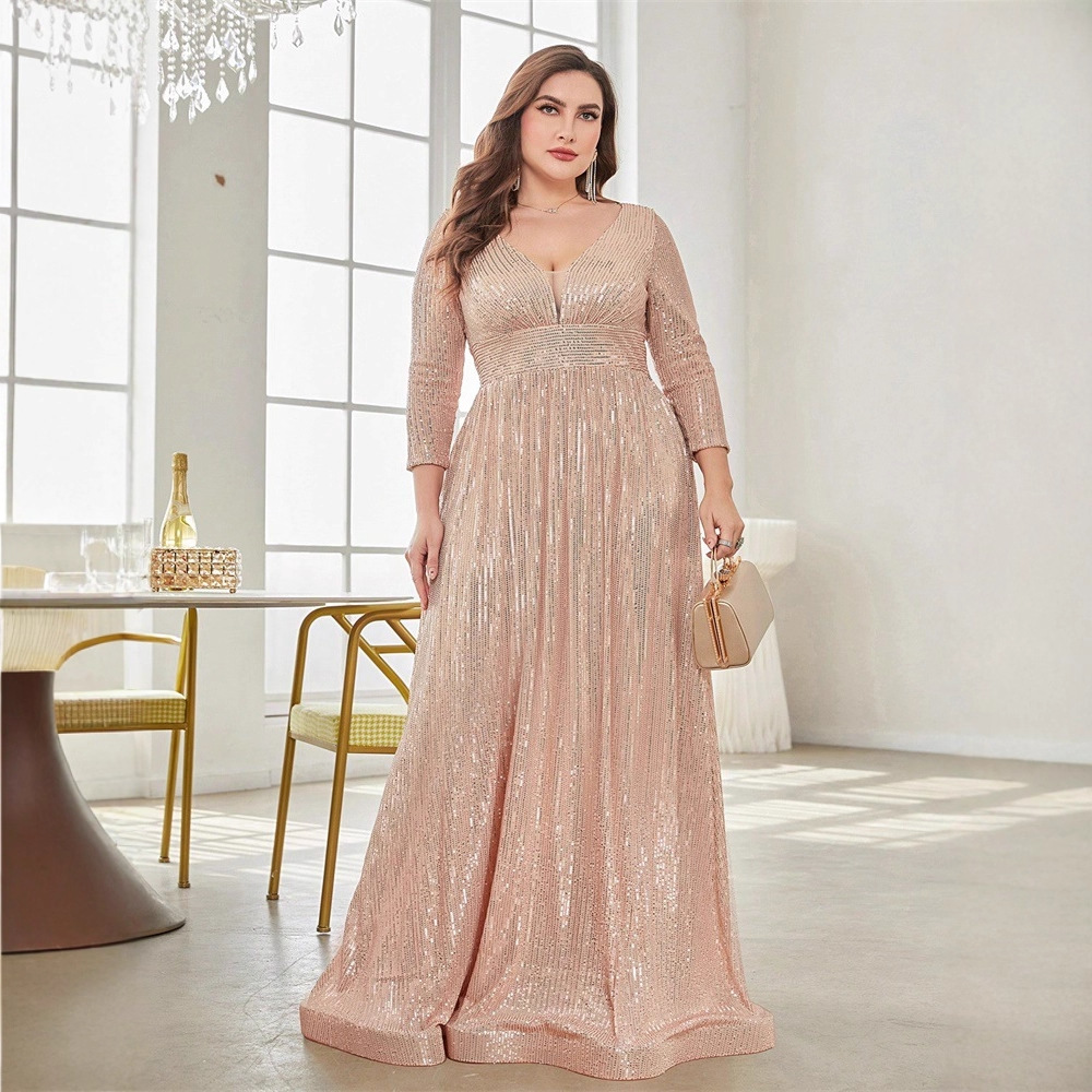 Cross-Border Amazon New Evening Dress Large Size Sequined Long-Sleeved V-Neck Elegant Long Skirt Banquet Party Dress