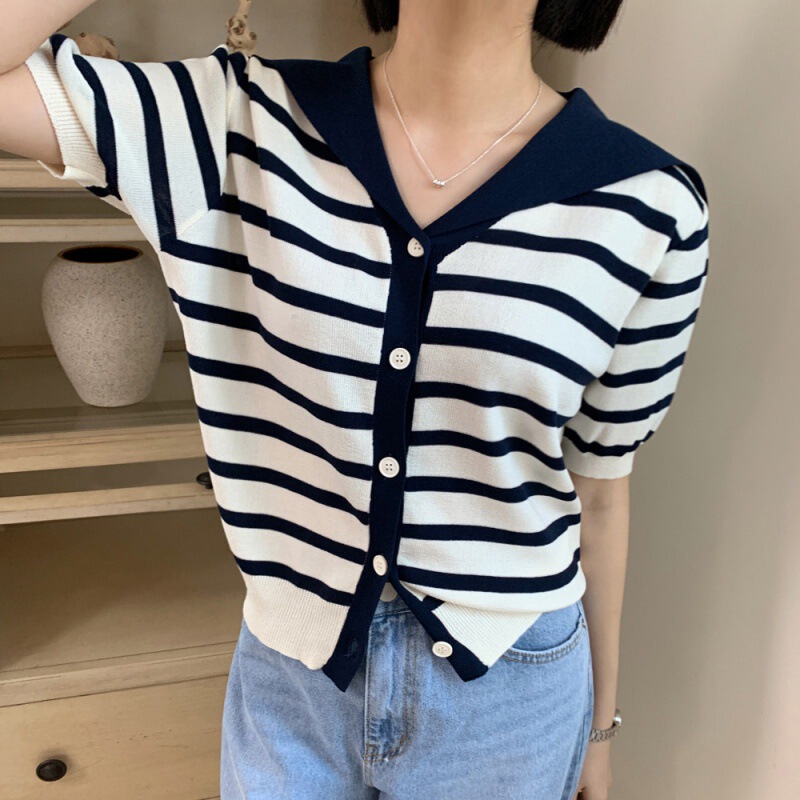 2024 New Design Sense Niche Contrast Color Navy Collar Short-sleeved Knitted Cardigan Women's Thin Sweater Short Top