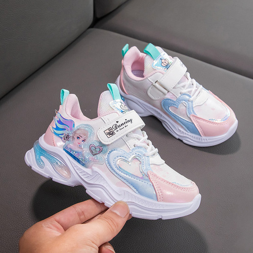 Girls' Elsa Princess Sports Shoes 2024 Spring and Autumn New Children's Soft Sole Girls' Net Shoes Cartoon Soft Sole Shoes