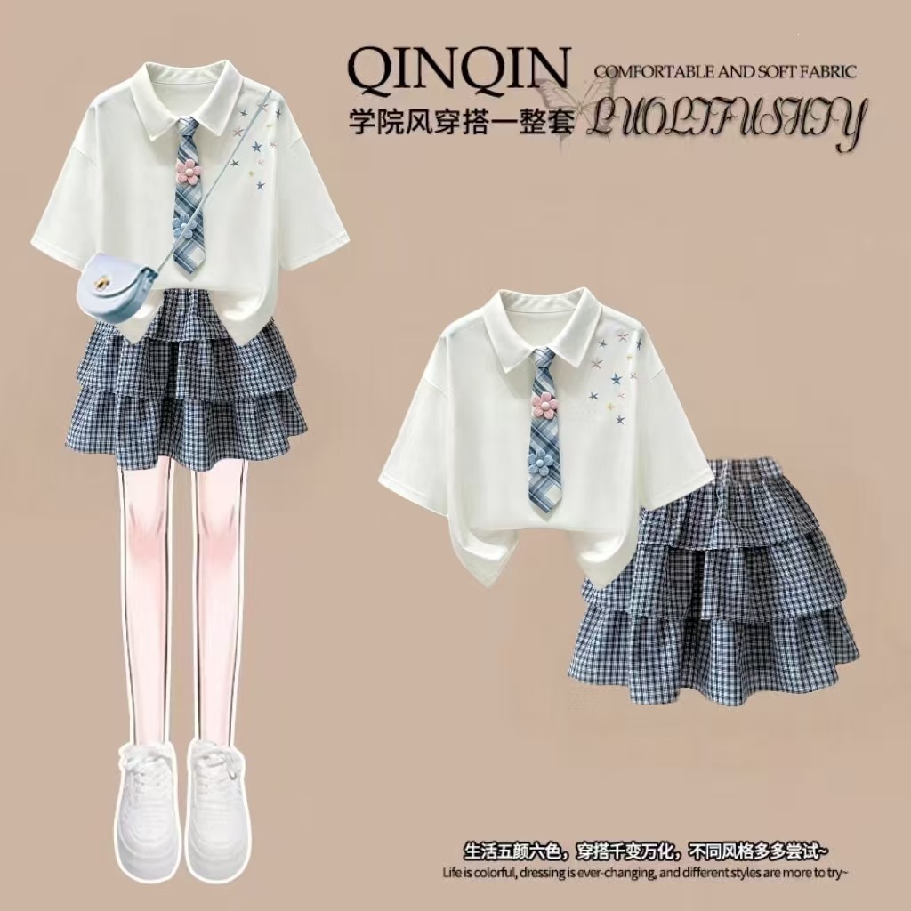 100% Cotton Polo Shirt, 2026 New Summer Children's Dopamine Dress, High-End Elementary School Girl Set