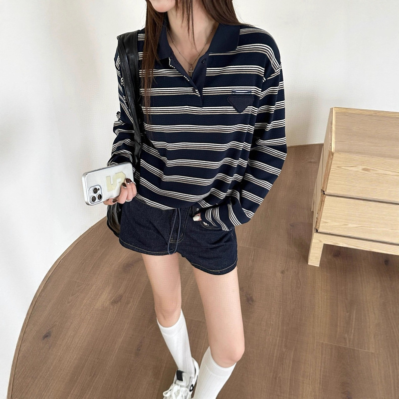 老钱风穿搭条纹打底衫女秋季流行穿搭polo衫早秋韩系chic别致上衣|undefined