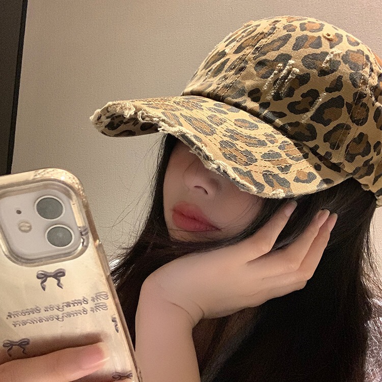 Trendy Fashion Leopard Print Baseball Cap for Women, Street Style Cool Personality Retro Distressed American Wide-Brim Sunshade Cap