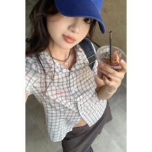 夏季新款韩系复古格子短袖衬衫女学院风设计感小众衬衫上衣外套潮