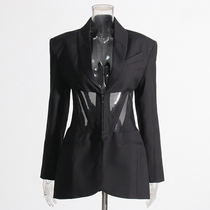 Blazer con Corsé y Tulle para Mujer de Poliéster Manga Larga Transparente para Otoño