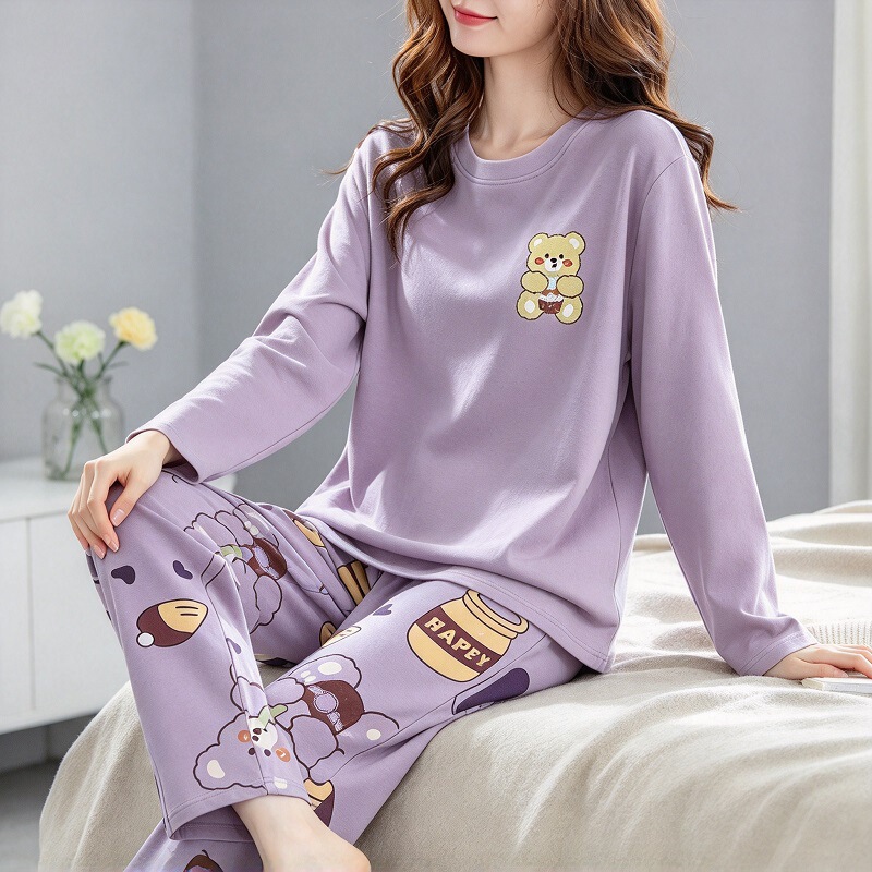 Wholesale Spring and Autumn Long Sleeve Pajamas Women's Imitation Cotton Cartoon Casual Loose Women's plus size Outer Wear Home Clothes suit