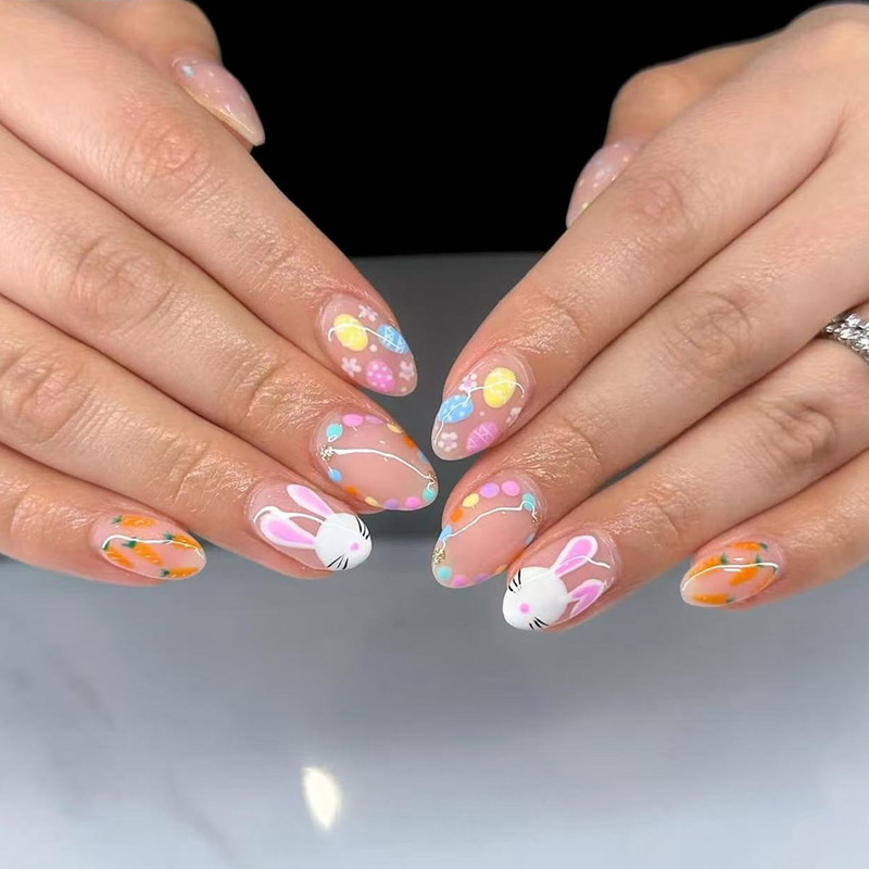 Easter Cartoon-Style Rabbit, Carrot, and Colorful Egg Graffiti Design Short Oval Wearable Nail Art Nail Tips Fake Nails