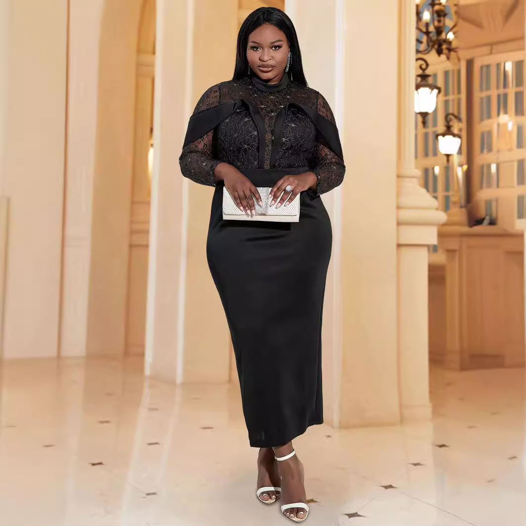 Women's Clothing plus size temperament dress spliced mesh hip wrapped slim dress birthday dress_voghion.com