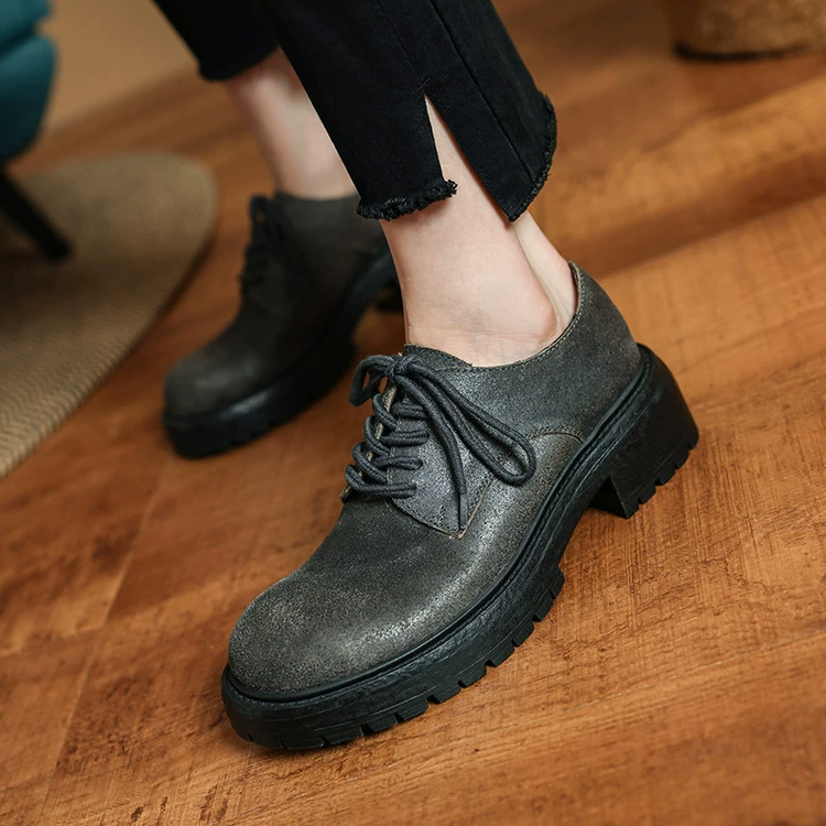 Британские ретро-стиль шнуровки маленькие кожаные туфли женские весенние новые круглые головы средние каблуки униформа одиночные туфли