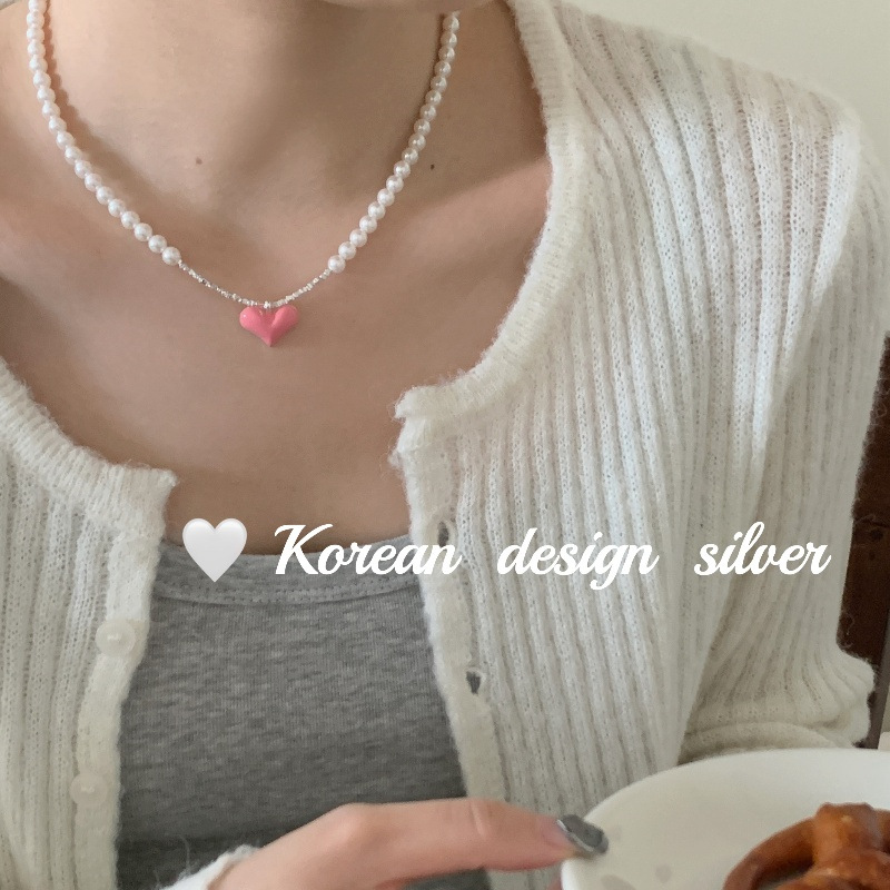 韓國東大門ins飾品 S925純銀滴膠粉愛心碎銀珍珠項鍊秋冬毛衣鏈女