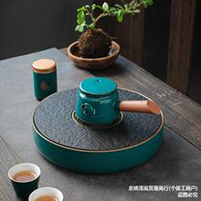 中式金福孔雀绿圆茶盘轻奢现代茶海干泡台车载茶台家用功夫茶具装