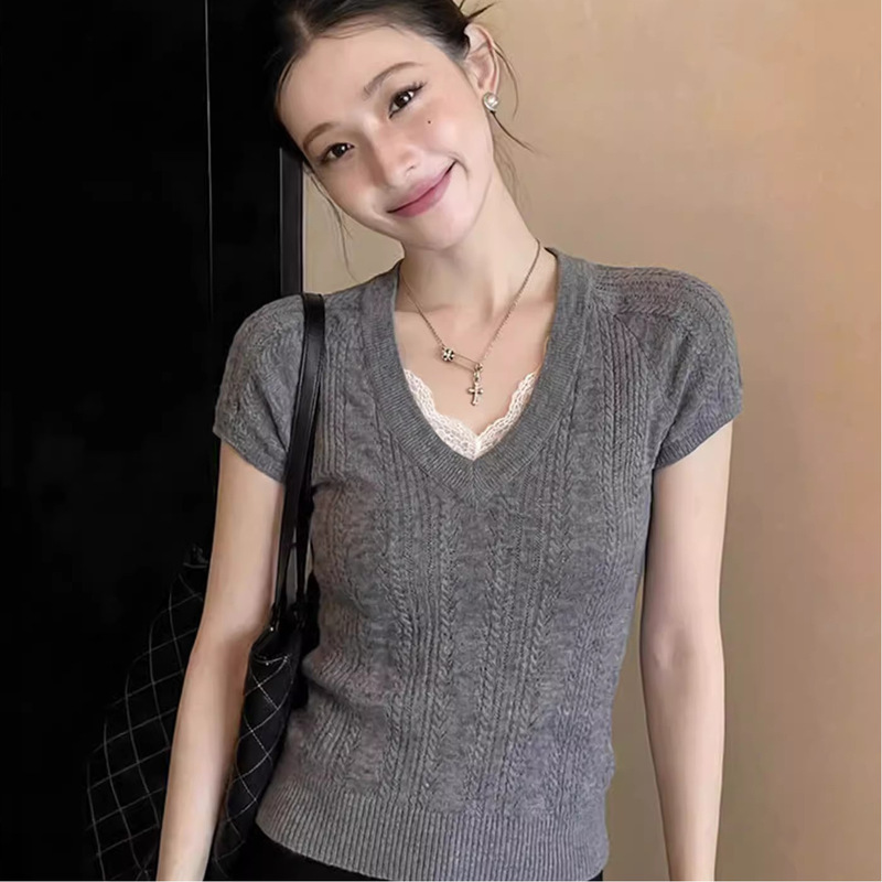 French-Style Gray Lace V-Neck Knitted Short-Sleeve T-Shirt for Women, Summer Design, Niche Slim-Fit, Flattering, Regular Shoulder Top French-Style Gray Lace V-Neck Knitted Short-Sleeve T-Shirt for Women, Summer Design, Niche Slim-Fit, Flattering, Regular Shoulder Top