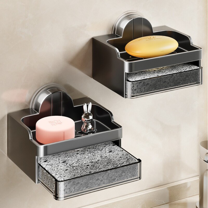 Wall-Mounted Suction Cup Soap Holder for Home Bathroom, No-Drill Soap Box Storage Rack, Drainage Rack