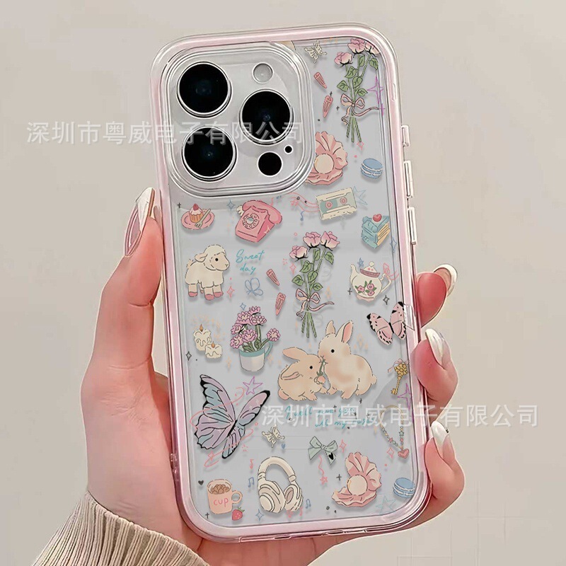 Rabbit Collage Suitable for iPhone 17Pm Phone Case, Solid Color, 13 Frame, Two-In-One, 16 Transparent, 15 Cross-Border, 14 New