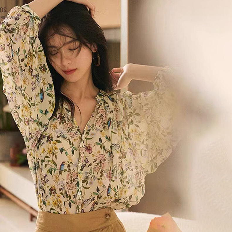 Small Floral Chiffon Shirt for Women, Designer Spring Season Top, Small French Sweet Style Shirt, Long Sleeves for Women