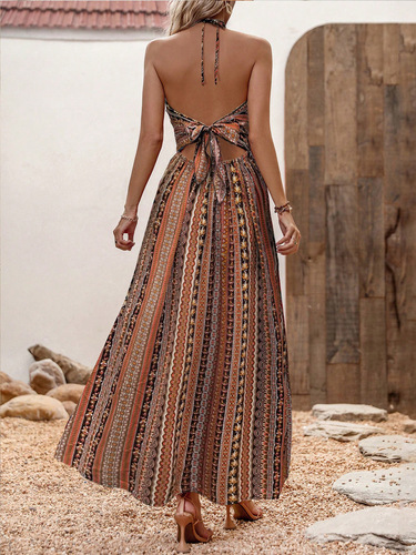 European and American Spring and Summer Striped Print Maxi Shoulder Strap Dress Women Chiffon Fashion Sexy
