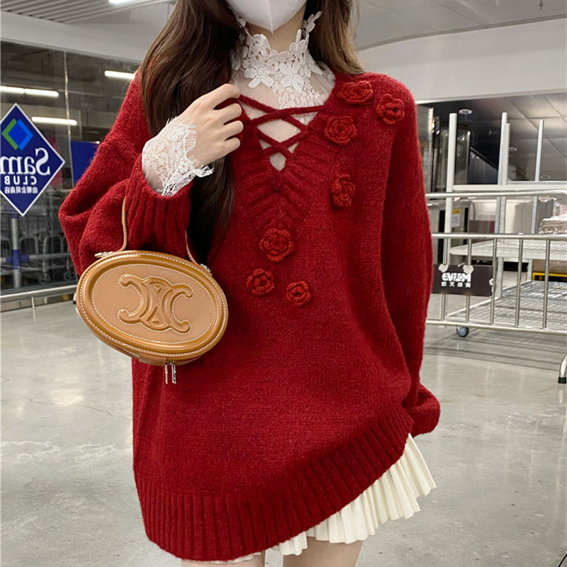 優しくスリムな立体花柄Vネックゆったり長袖セーター2025秋冬新作ニット柔らかトップス