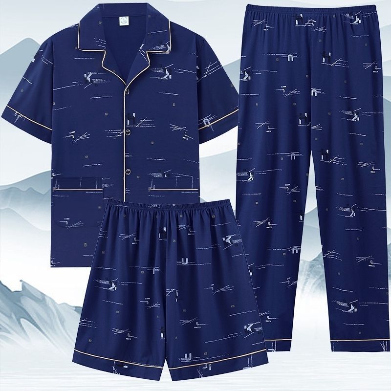 Pajamas de algodón para hombres de verano de mangas cortas pantalones largos de tres piezas para aumentar el peso para hombres de tamaño delgado conjunto de ropa de verano