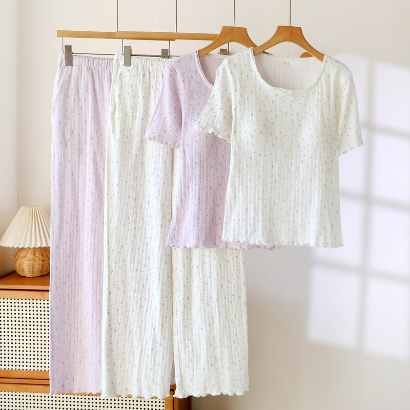 Sweet Floral Pastoral Style Pure Cotton Soft and Comfortable Pajamas for Women, Spring and Autumn Short-Sleeved Long Pants Pajamas, Home Wear Set Sweet Floral Pastoral Style Pure Cotton Soft and Comfortable Pajamas for Women, Spring and Autumn Short-Sleeved Long Pants Pajamas, Home Wear Set