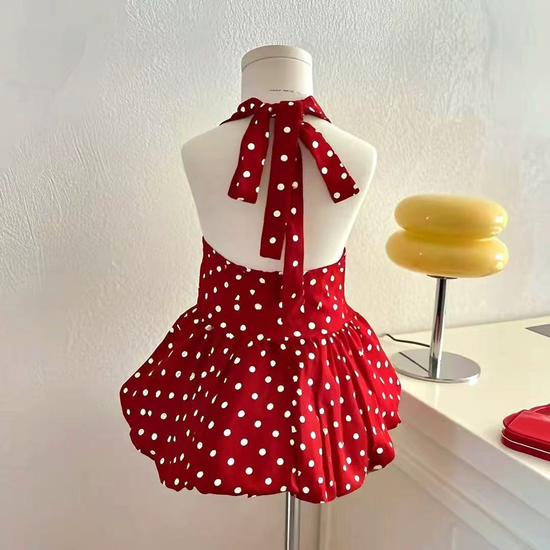 2025 vestido año natal China Red Wave Dot Niños Niñas Verano Chaleco Falda Bebé Vestido de princesa de estilo occidental