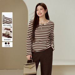 【Fashionable Striped T-shirt】Fiber Show Large Size Women's Retro Temperament Versatile Top Fat mm2024 New Winter Style