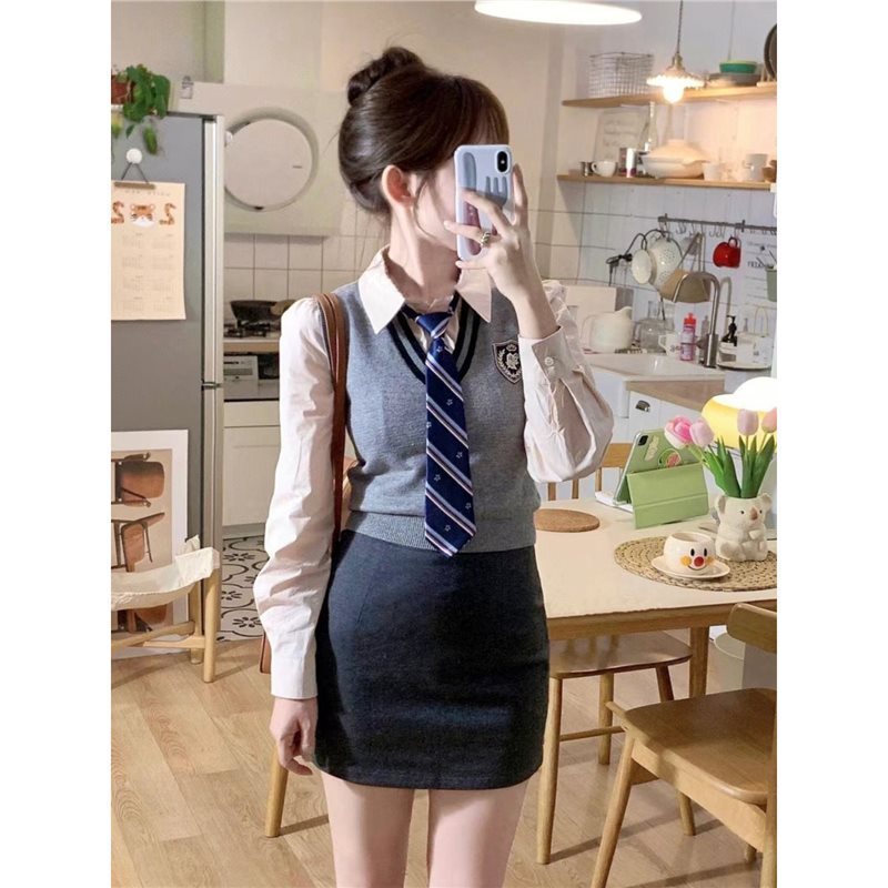 JK制服学院风套装春秋款小个子辣妹纯欲马甲毛衣长袖衬衫两件套|undefined