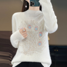 跨境2025秋冬新款半高領內搭打底衫寬松超軟重工燙鑽毛衣安迪絨針