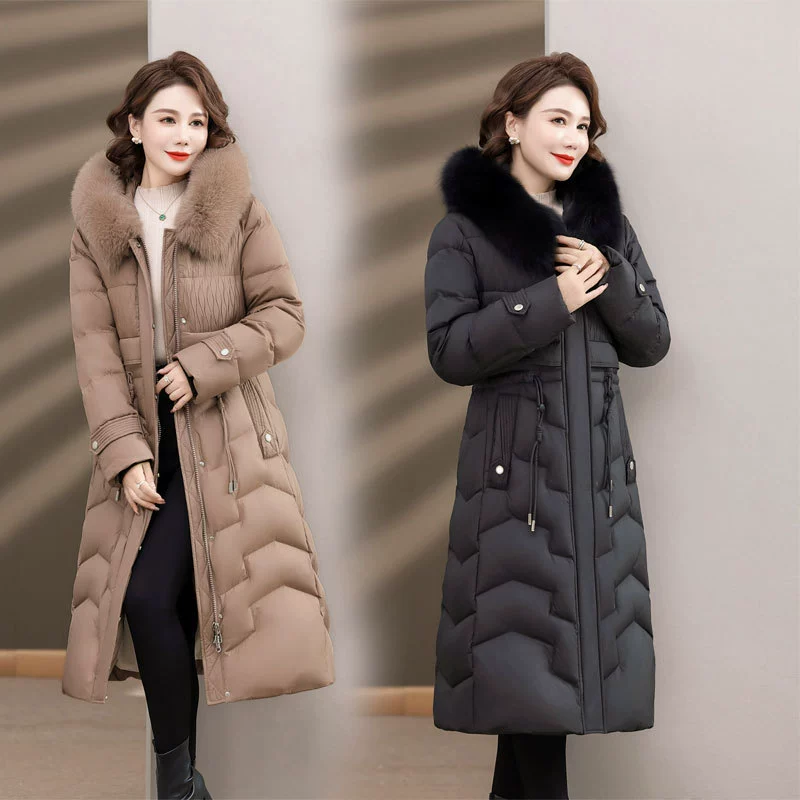 Пуховик женский длинный выше колена для среднего и пожилого возраста, Утепленная зимняя одежда с воротником из лисьей шерсти, теплая куртка в западном стиле, для среднего возраста, одежда для матери