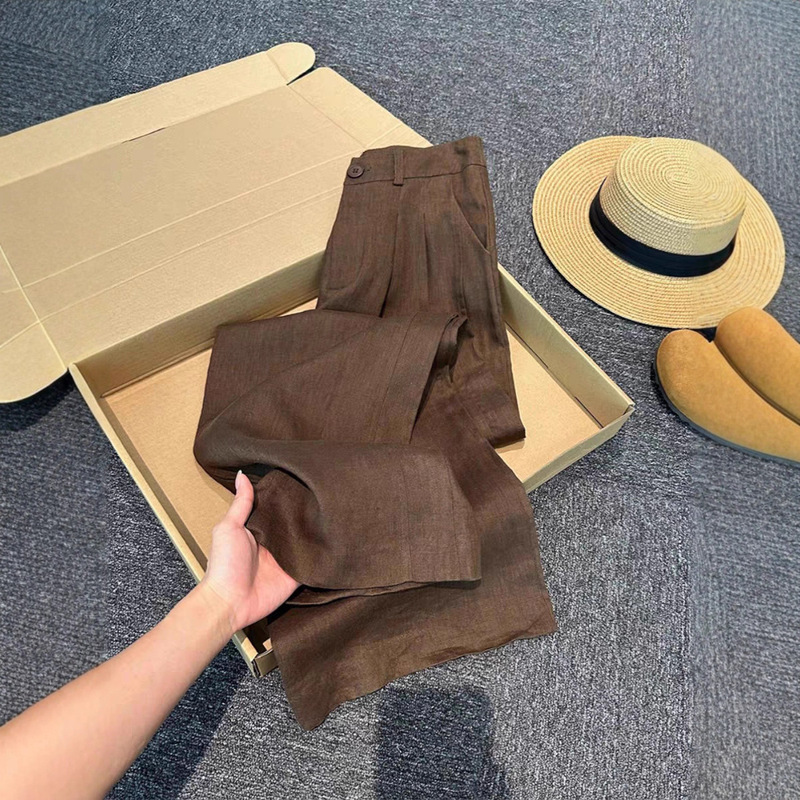 Highly Recommended! Early Spring Melard Coffee-Colored Linen Pants for Women, New Vintage Old Money Style, High-End Wide-Leg Pants