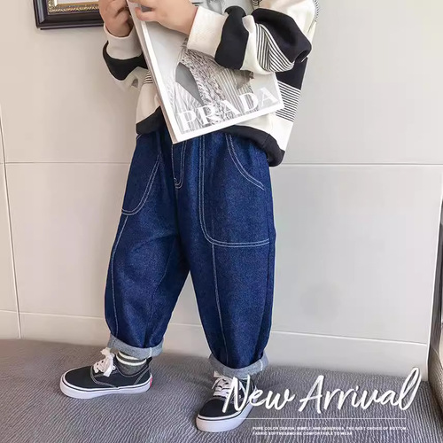 Children's winter crew length loose pants with thermal lining, deep blue turnip pants for boys and girls in autumn and winter
