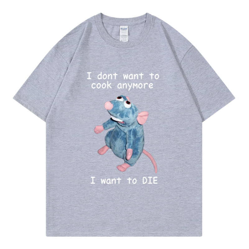 T-shirt en pur coton marque de mode sport nouveaux hommes ample col rond imprimé souris je ne veux pas cuisiner à nouveau T-shirt_voghion.com