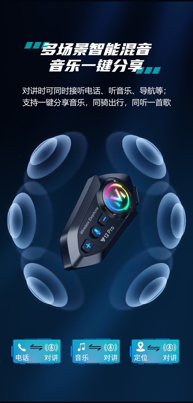 Cross-Border Hot-Selling Y12Pro Helmet Bluetooth Headset Waterproof Mobile Phone Noise Reduction Motorcycle Three-Party Long-Distance Intercom