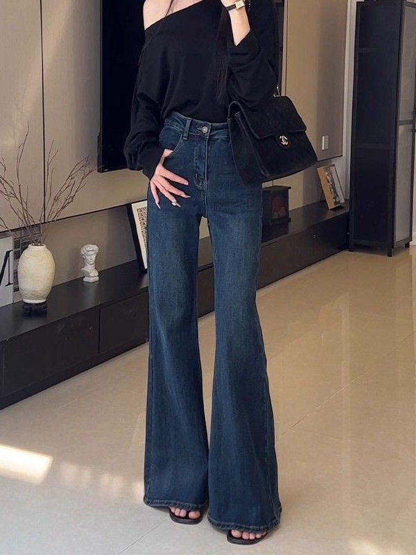 复古蓝高腰微喇牛仔裤女2025年秋季新款宽松显瘦百搭不贴腿喇叭裤|undefined