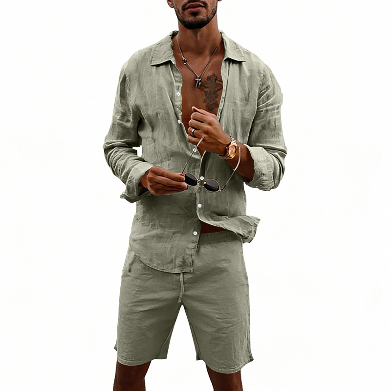 Herren-Sommerurlaubs-Freizeithemd im amerikanischen Stil, Leinen, locker, langärmelig, mit Knopfleiste, Cardigan, Badeshorts-Anzug_voghion.com