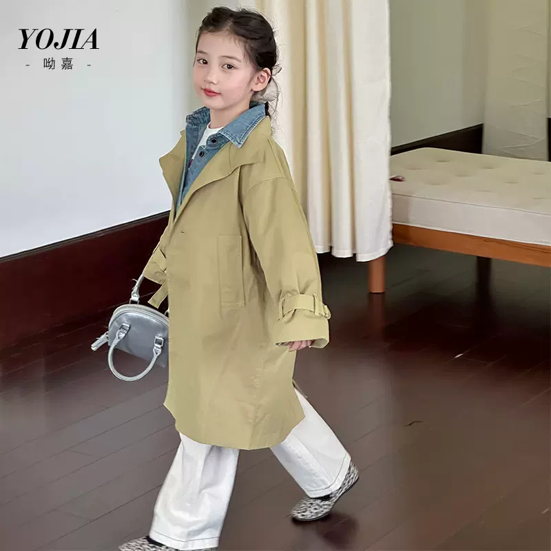 YOJIA童装女童风衣秋装2024新款英伦风女孩大衣中长款儿童外套