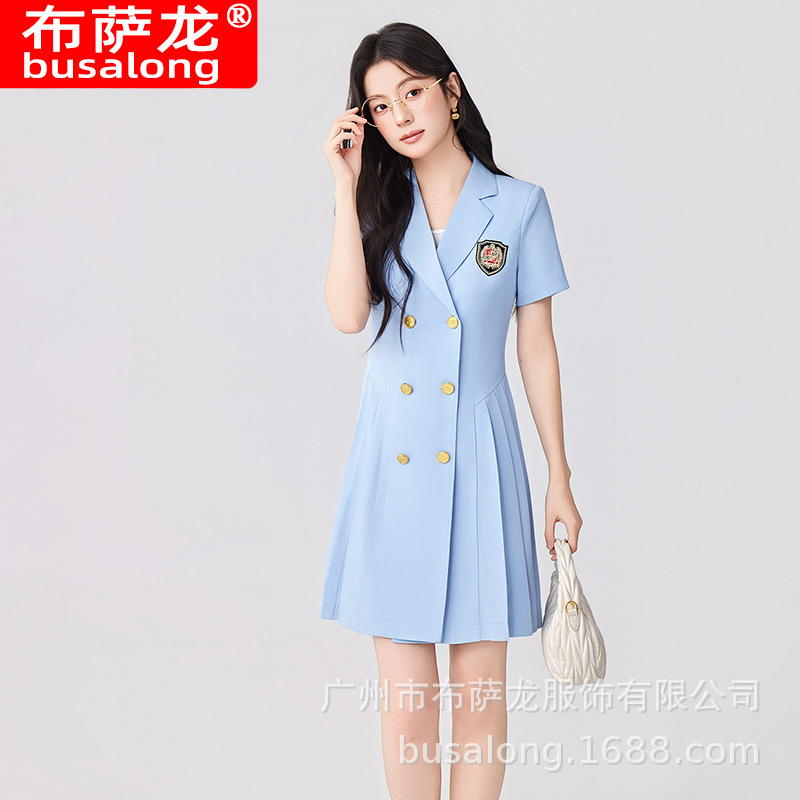 Summer Short-Sleeved New Style French Design Suit Dress for Small People, Women's Summer Elegant Waist-Cinching Pleated Suit Dress Summer Short-Sleeved New Style French Design Suit Dress for Small People, Women's Summer Elegant Waist-Cinching Pleated Suit Dress