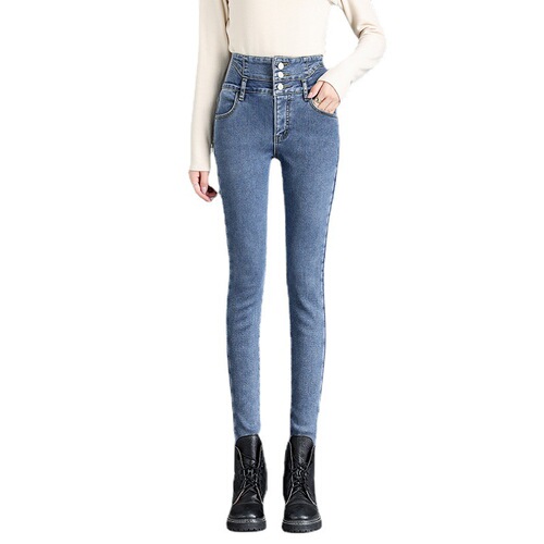 Spring Women's Jeans 2024 New High-Waisted Winter Tall Slim Tight Fleece Lined Thick Mini Pants