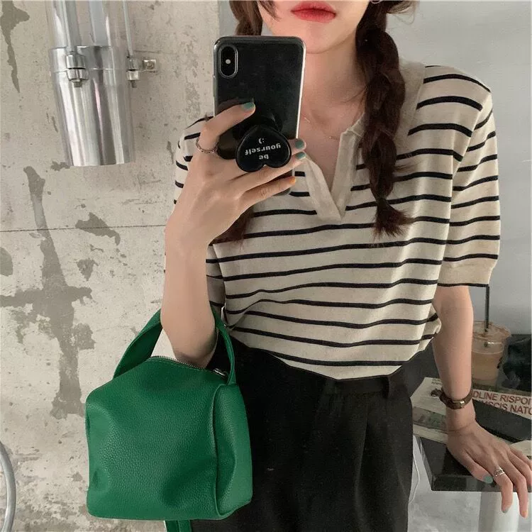 2021ins style Korean generation striped thin ice silk knitted short-sleeved lapel top