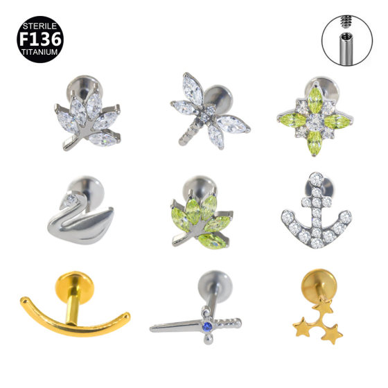 F136 Titanium Ship Anchor Pendant Internal Thread Lip Nail Moon Maple Leaf Smiley Pendant Zircon Earrings Lip Ring 0.9 Teeth