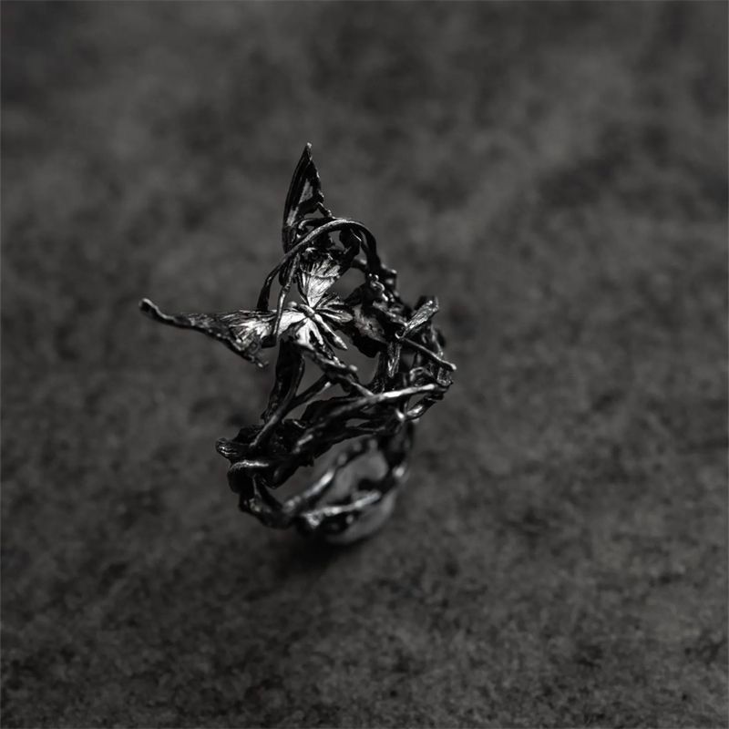 "Zhuo" vine butterfly burnt and shattered effect ring, original niche unique personality high-end index finger ring jewelry