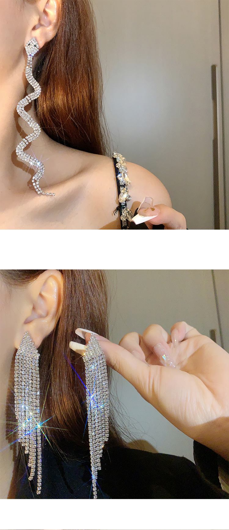 Retro full diamond long tassel earrings for women in Europe and America, exaggerated temperament, earrings, high-end feeling, light luxury earrings_voghion.com