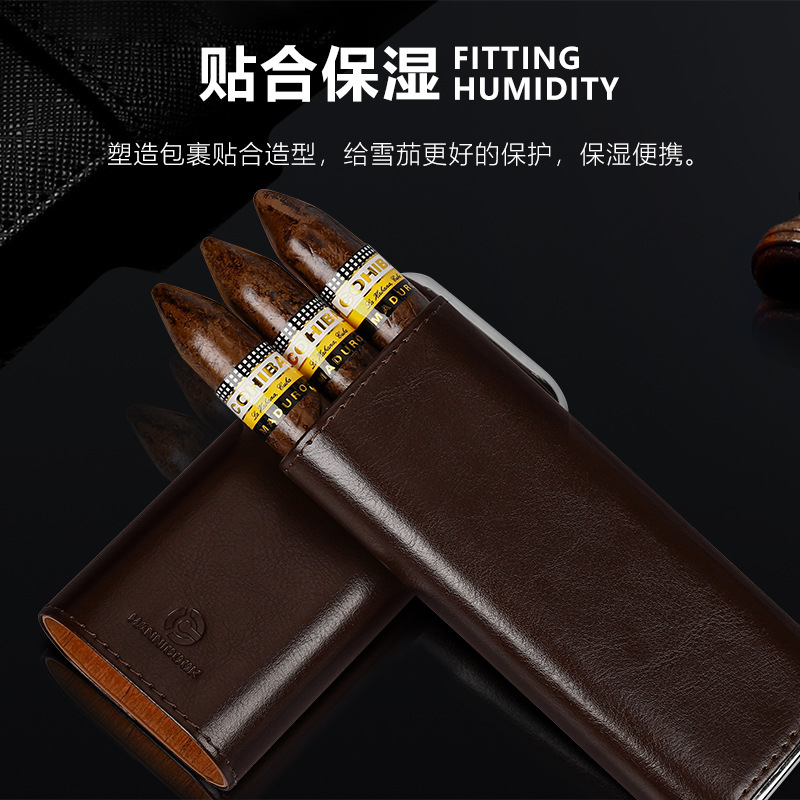 Estuche de cuero para cigarros HANNICOOK portátil, para 3 cigarros, forrado de cedro, estuche humidificador sellado