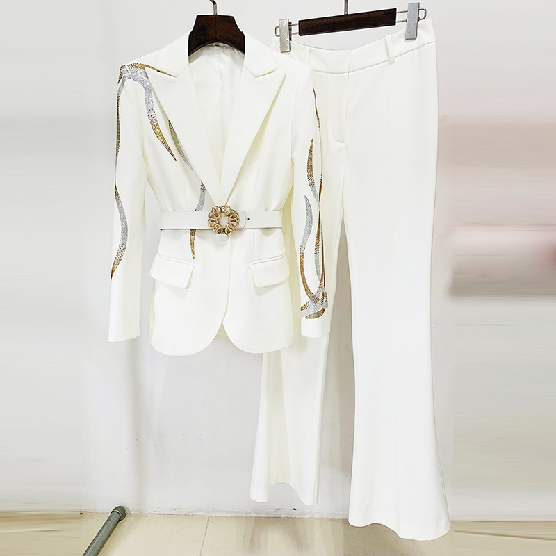 GraceChic En stock 2025 Nouvelle collection européenne et américaine de célébrités, élégante tailleur deux pièces avec ceinture et strass colorés, pantalon évasé_voghion.com
